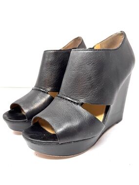 COACH black leather peep toe wedge shoes, size 8.5B